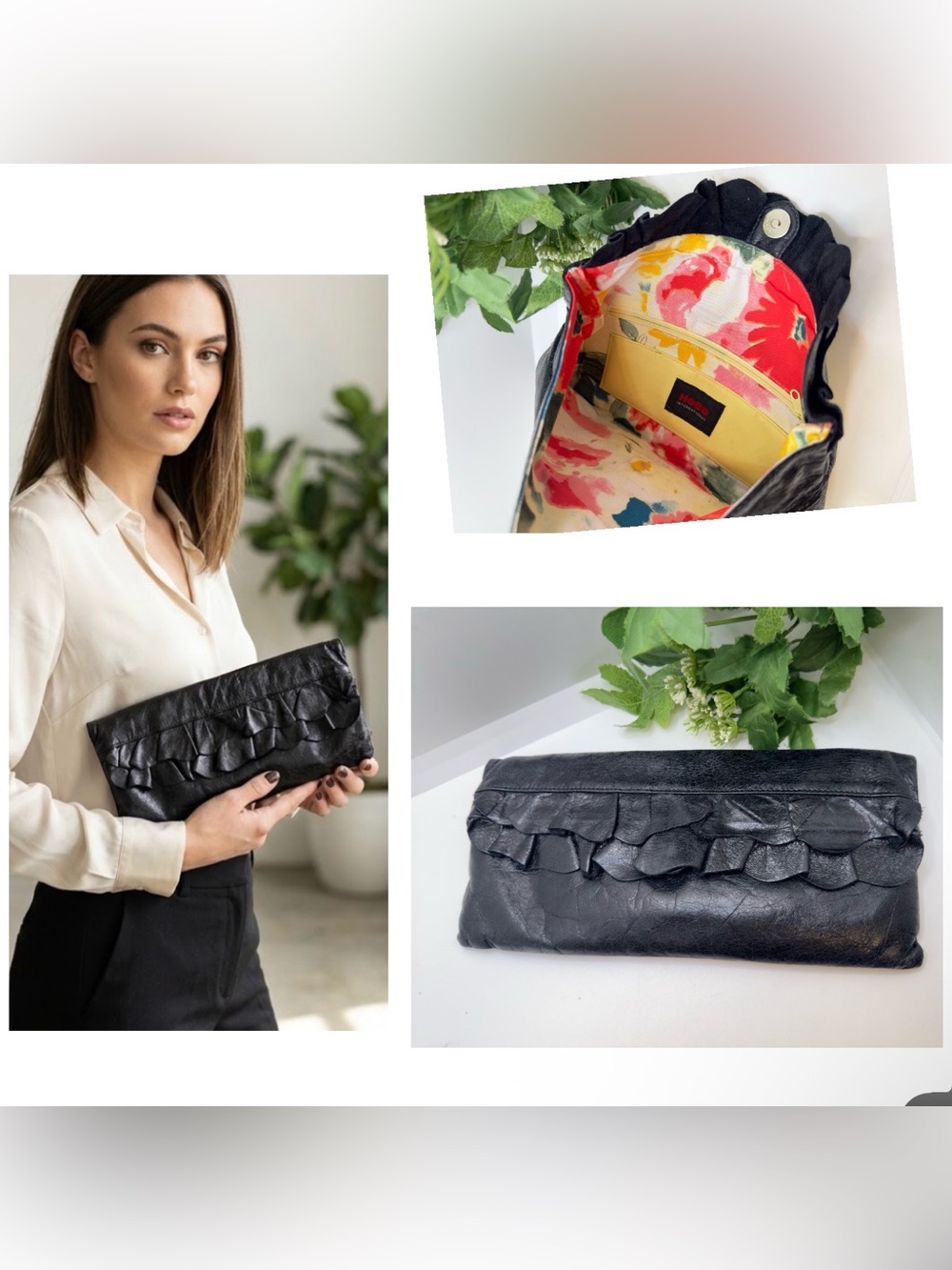 Hobo International Womens Leather Ruffle Accented Clutch Black